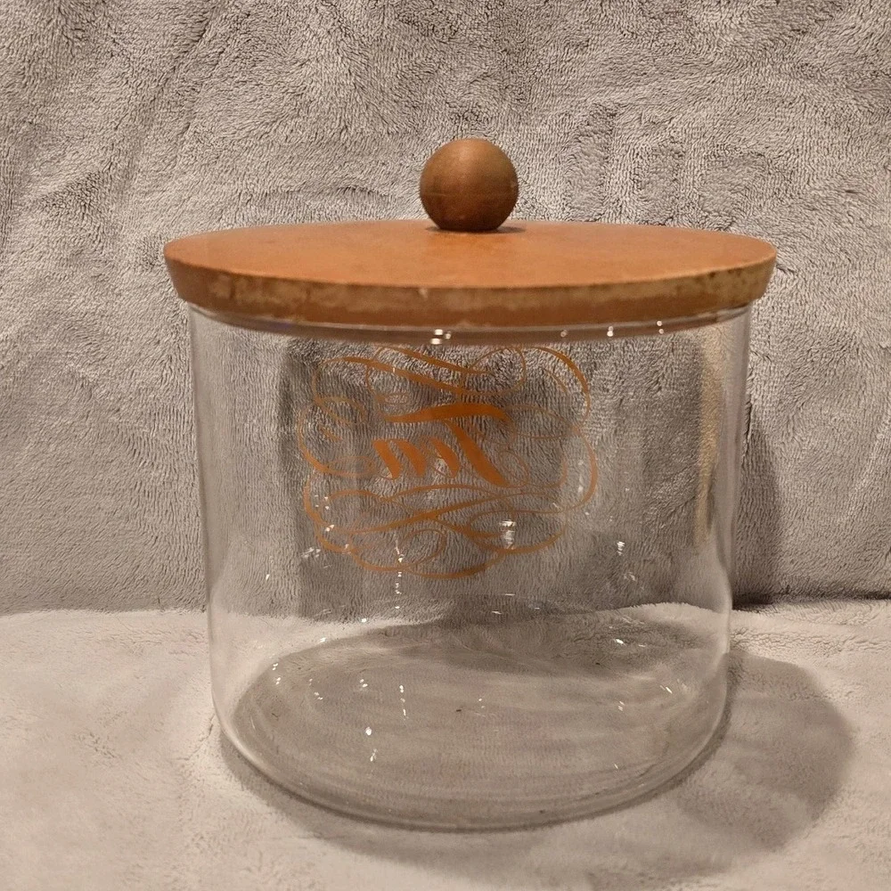 Vintage Glass Tea Canister with Wooden Lid Orange Script Graphic Storage Jar